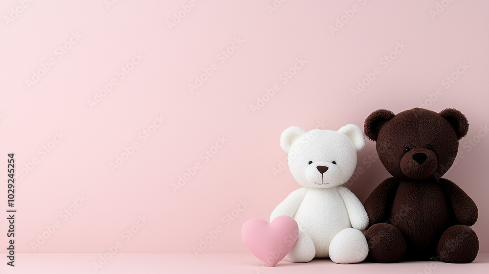 White and brown teddy bears with pink heart on pastel background White and brown teddy bears with pink heart on pastel background