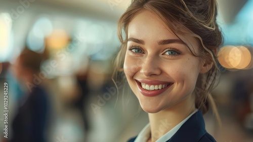 Detailed flight attendant greeting passengers with a warm smile on an international flight ultra-clear image