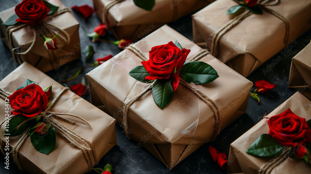 Gift wrapped in kraft paper with red rose Gift wrapped in kraft paper with red rose