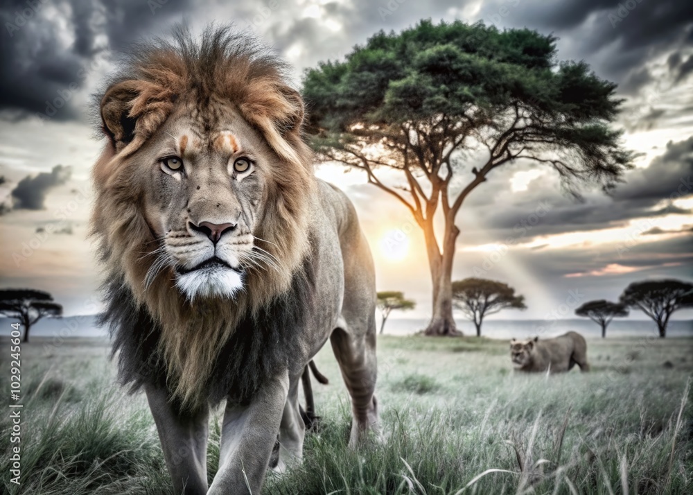 Obraz premium Surreal Lion Hunting in the Kenyan Savannah at Dusk - Majestic Predator in an Ethereal Landscape