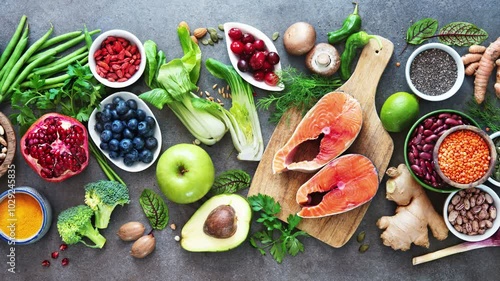 Balanced diet food background. Organic food for healthy nutrition