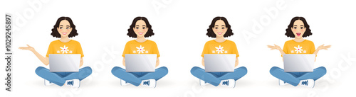 Young beautiful woman using laptop computer sitting with crossed legs and different gestures. Isolated vector illustration set