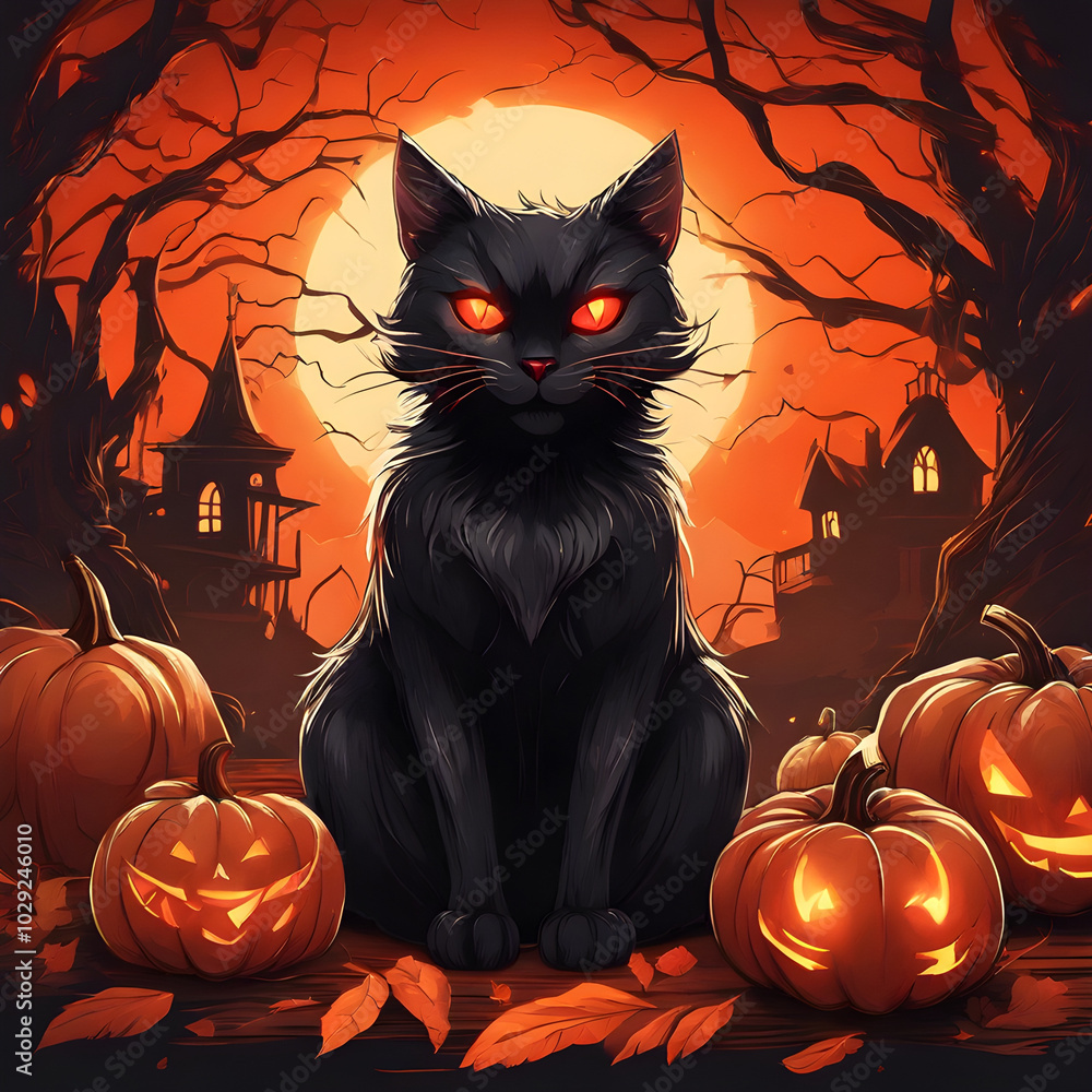 A black cat wearing a tattered white ghost costume with glowing red eyes sits in front of a carved pumpkin. The light from the pumpkin lights makes its shadow look like a human shadow. A black cat wearing a tattered white ghost costume with glowing red eyes sits in front of a carved pumpkin. The light from the pumpkin lights makes its shadow look like a human shadow.