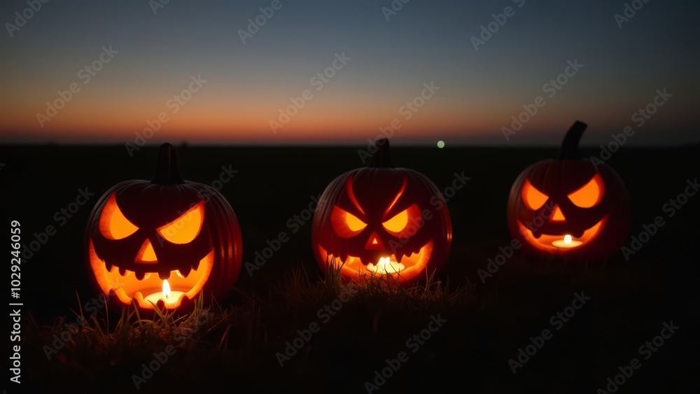 Glowing Jack-o'-Lanterns Illuminated at Sunset with a Gradual Fade into Darkness Glowing Jack-o'-Lanterns Illuminated at Sunset with a Gradual Fade into Darkness