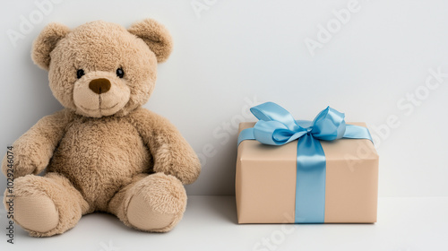 Teddy bear with blue ribbon gift box, minimalist celebration decor