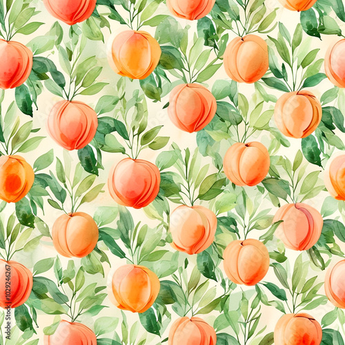 Vibrant watercolor pattern featuring ripe peaches and lush green leaves in sunlight