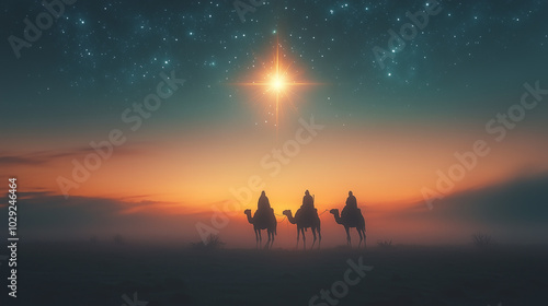 Three kings day. Melchior, Caspar and Balthazar. Night background with the star of Bethlehem.
