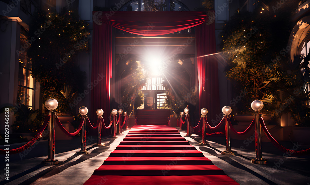Obraz premium Red carpet for celebrities is shown with a row of red barriers. Entry to the VIP party.