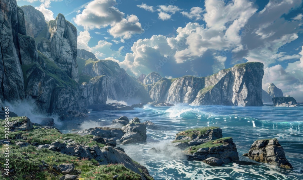 Rocky coastline with sea stacks and crashing waves, 4K hyperrealistic photo Rocky coastline with sea stacks and crashing waves, 4K hyperrealistic photo