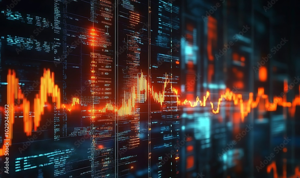 Naklejka premium Advanced Digital Hologram Display Showing Financial Data Analysis and Business Technology Concept, generative ai