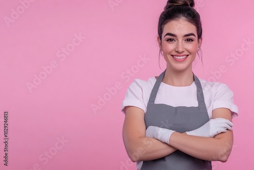 Cute young female housekeeper in uniform on pink background