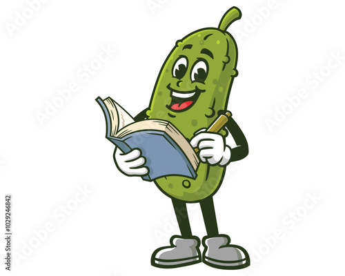 Pickle with book, Cartoon Mascot Illustration Character Vector Clip-art Hand-drawn Logo Design