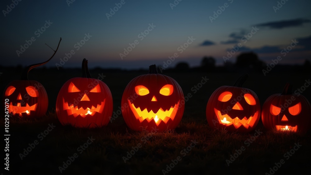 Glowing Jack-o'-Lanterns Illuminated at Sunset with a Gradual Fade into Darkness Glowing Jack-o'-Lanterns Illuminated at Sunset with a Gradual Fade into Darkness