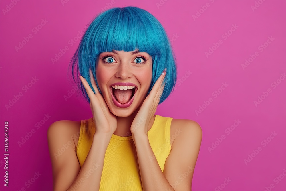 Portrait of beautiful emotional woman in blue wig on pink background Portrait of beautiful emotional woman in blue wig on pink background