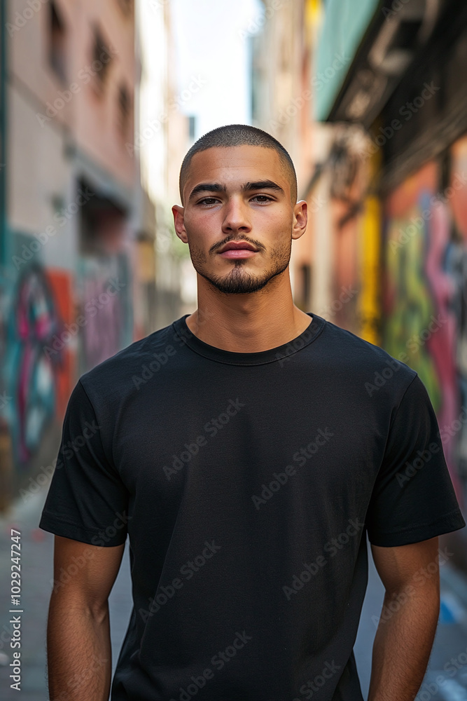 A male model with a buzz cut wearing a blank black t-shirt, standing in an urban alley, graffiti on the walls, front view, intense gaze. A male model with a buzz cut wearing a blank black t-shirt, standing in an urban alley, graffiti on the walls, front view, intense gaze.
