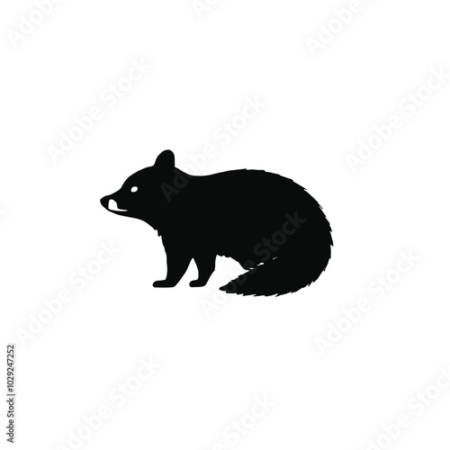 A black silhouette of a raccoon with a bushy tail 
