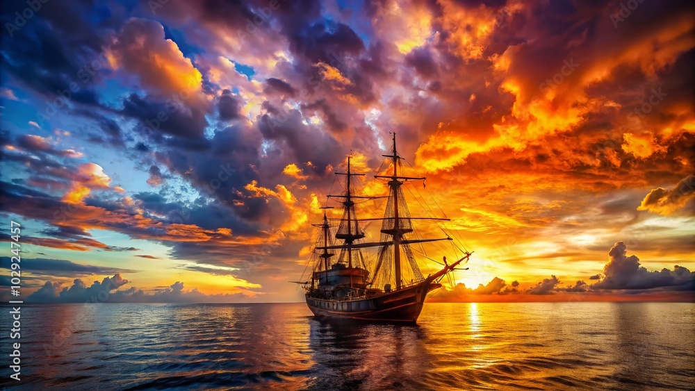 Obraz premium Surreal Pirate Ship Sunset Journey - High Dynamic Range Fantasy Sailing Scene