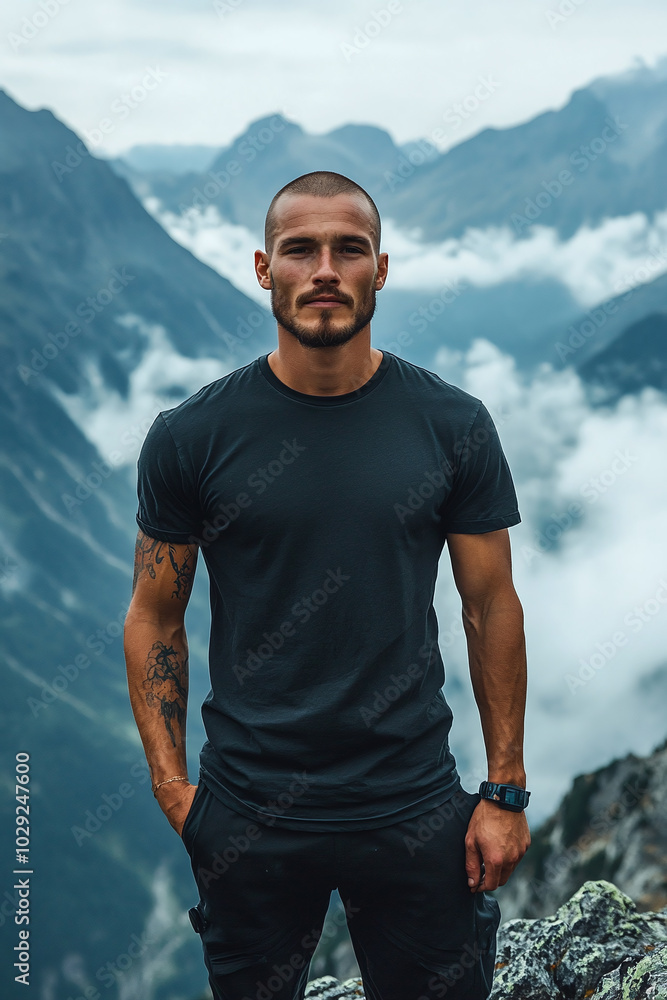 A male model with a shaved head wearing a plain black t-shirt, standing on a mountain peak, cloudy sky, front view, determined expression. A male model with a shaved head wearing a plain black t-shirt, standing on a mountain peak, cloudy sky, front view, determined expression.
