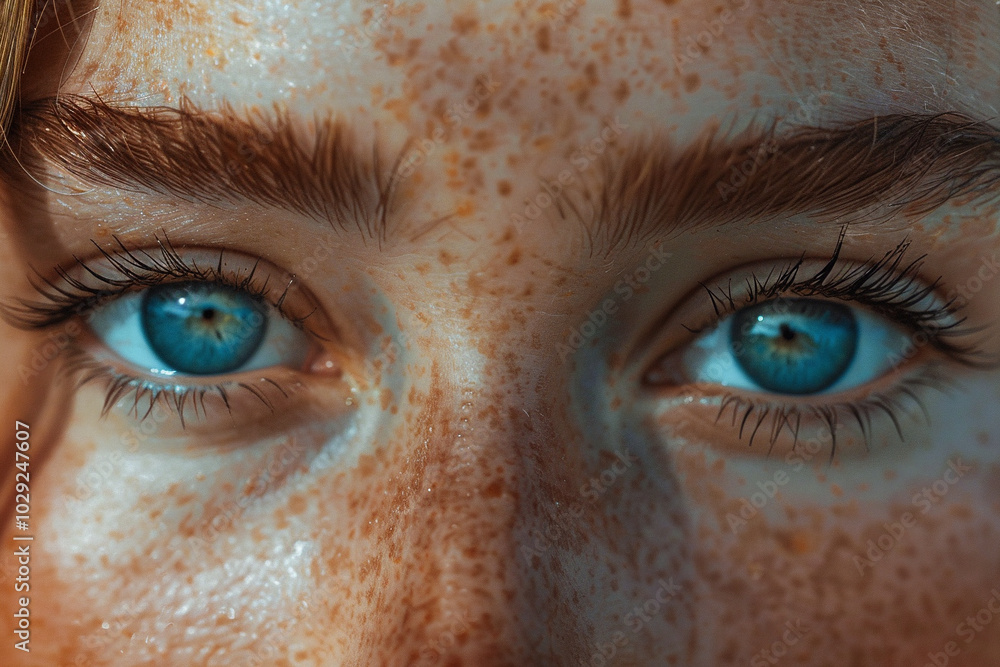 Female blue eye and clear skin close-up. Ginger hair. Concept template about healthy vision, self-care, international glaucoma day Female blue eye and clear skin close-up. Ginger hair. Concept template about healthy vision, self-care, international glaucoma day