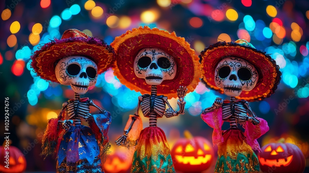 Fototapeta premium Colorful Halloween Skeletons with Friends Celebrating