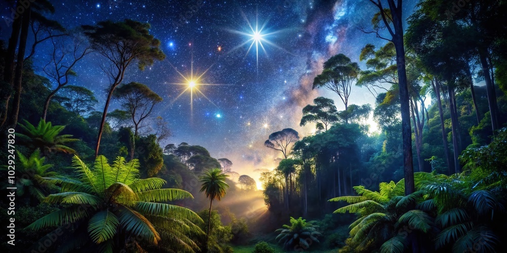 Obraz premium Surreal Queensland Rainforest with Glowing Twinkling Star Motion Graphics on Black Background