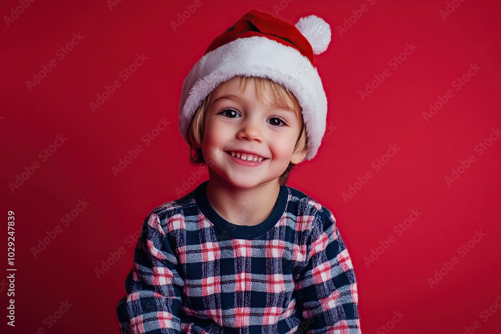Smiling child boy in checkered pajamas and red santa hat Smiling child boy in checkered pajamas and red santa hat