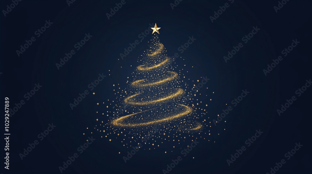 A minimalistic golden Christmas tree design on a deep blue background.