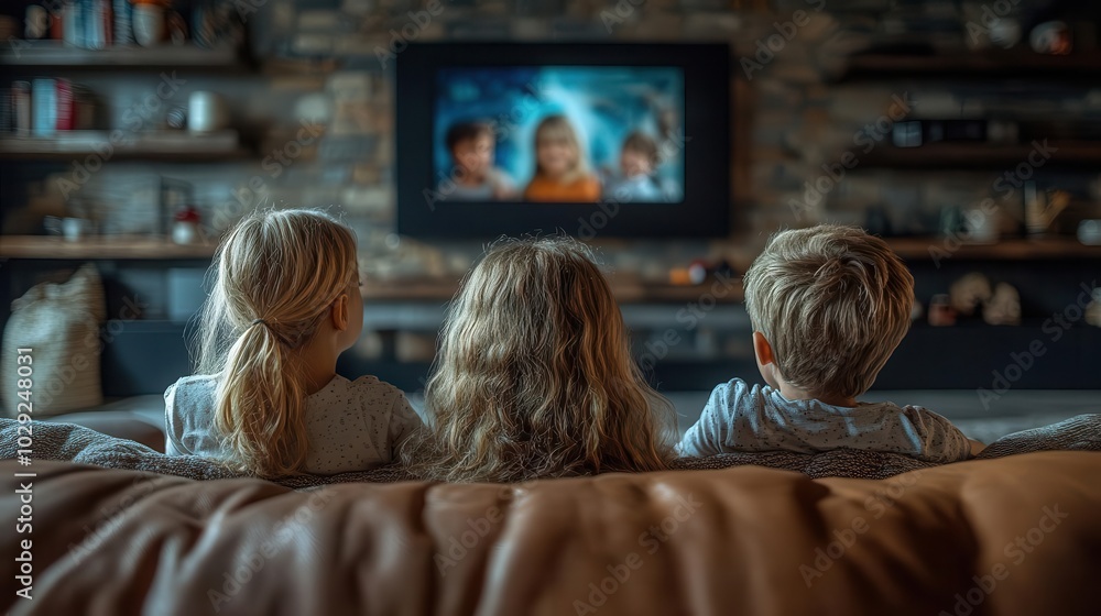 children engrossed in a captivating tv show sitting together in a cozy living room radiating joy and innocence during their leisure time children engrossed in a captivating tv show sitting together in a cozy living room radiating joy and innocence during their leisure time