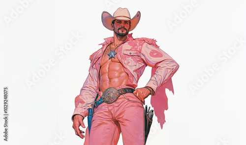 Shirtless Modern Cowboy in Classic Hat and Pink jacket with hand on hip photo