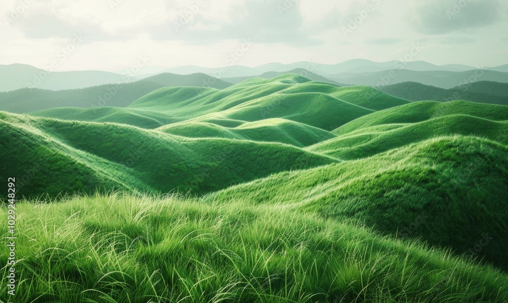 Rolling hills covered in lush green grass, panoramic view of countryside 4K hyperrealistic photo. Rolling hills covered in lush green grass, panoramic view of countryside 4K hyperrealistic photo.