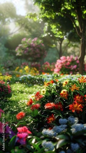 Lush green garden with a variety of blooming flowers, 4K hyperrealistic photo