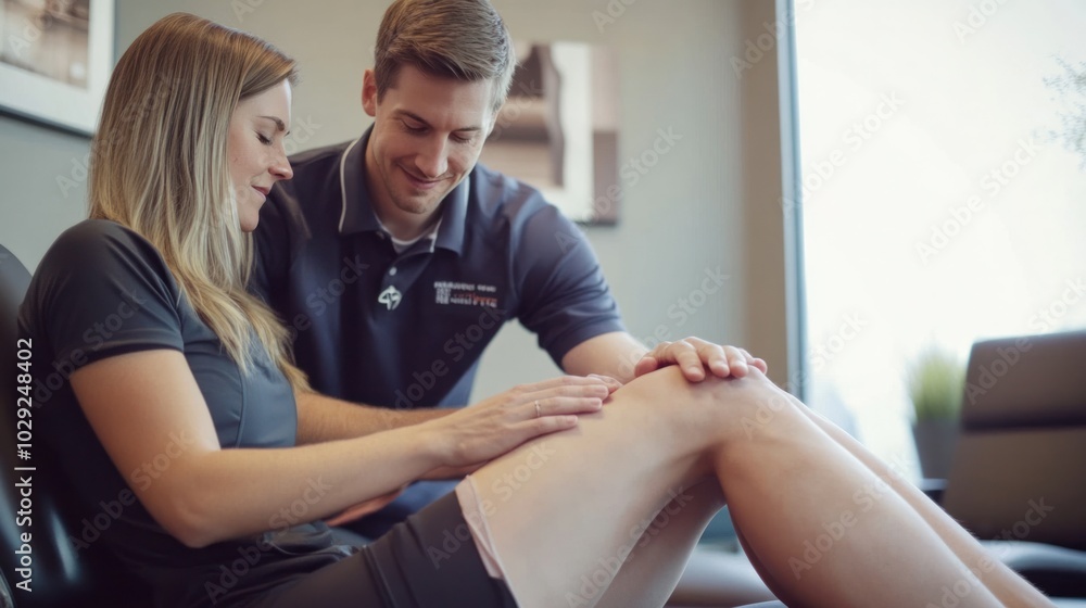 Obraz premium Chiropractor performing hands-on knee therapy with a patient, focusing on recovery