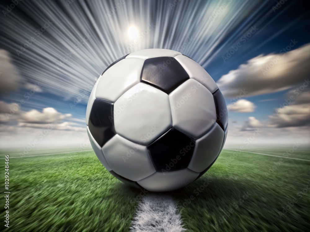 Obraz premium Surreal Soccer Ball in Motion on Green Grass with Blue Background for Creative Edits