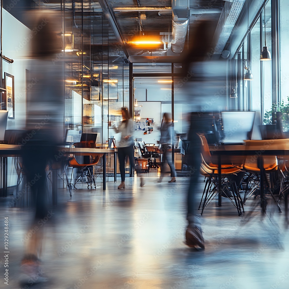 A busy office environment with people working and moving around. A busy office environment with people working and moving around.