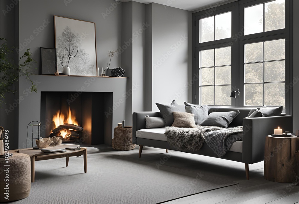 Fototapeta premium A grey daybed sofa positioned against the fireplace enhances the rustic Scandinavian home interior design of a modern living room.