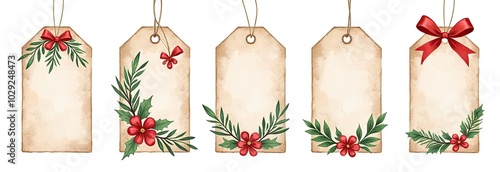 Festive and beautiful set of watercolor Christmas gift tags with holiday motifs isolated on white background