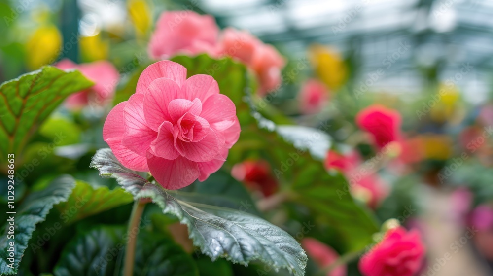 Obraz premium Close-Up of a Delicate Pink Flower with Green Leaves in a Greenhouse Setting