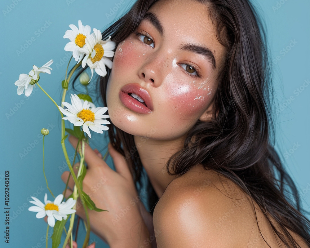 Beautiful woman with long dark hair is holding daisies flowers in a beauty concept Beautiful woman with long dark hair is holding daisies flowers in a beauty concept