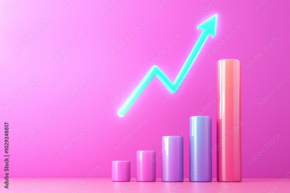 Colorful bar graph with upward trend against a vibrant pink background. Colorful bar graph with upward trend against a vibrant pink background.