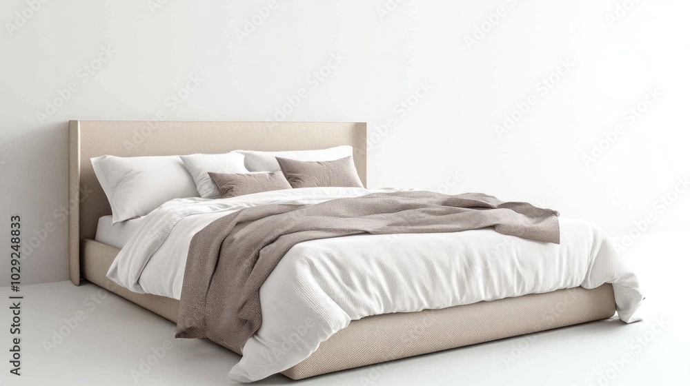 Clean and stylish double bed in a modern bedroom, minimal decor, white background Clean and stylish double bed in a modern bedroom, minimal decor, white background