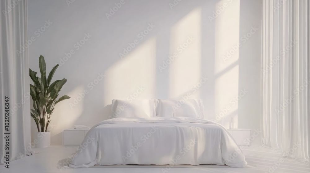Clean and stylish double bed in a modern bedroom, minimal decor, white background Clean and stylish double bed in a modern bedroom, minimal decor, white background