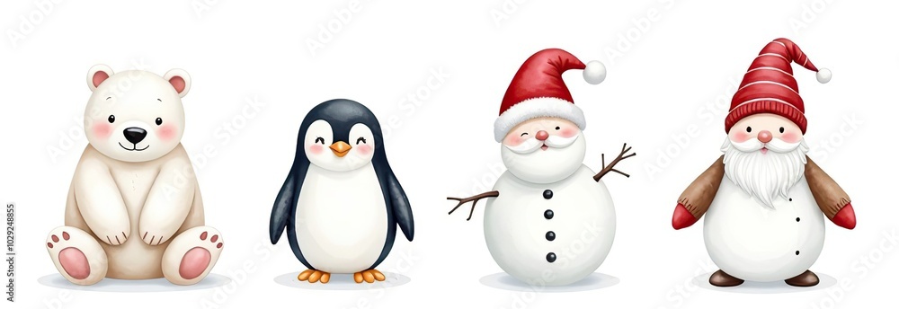 Set of watercolor Christmas characters: polar bear, penguin, Santa Claus, snowman and scandinavian gnome isolated on white background Set of watercolor Christmas characters: polar bear, penguin, Santa Claus, snowman and scandinavian gnome isolated on white background
