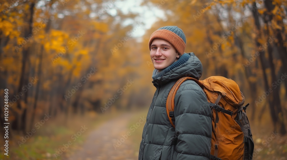 Young man enjoying an autumn hike along a trail surrounded by vibrant yellow trees in a serene forest setting Young man enjoying an autumn hike along a trail surrounded by vibrant yellow trees in a serene forest setting