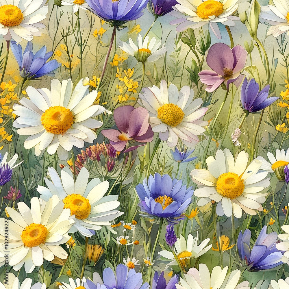 Fototapeta premium A vibrant meadow filled with colorful wildflowers blooming under the warm sun