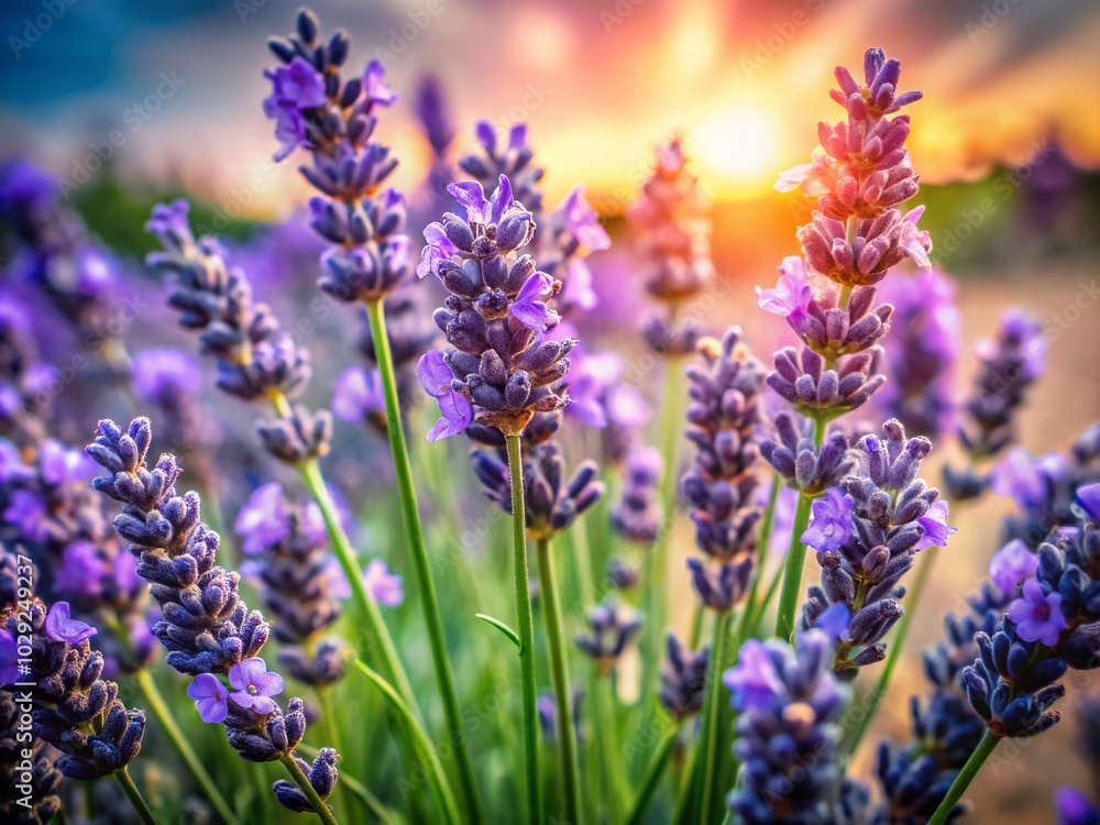 Fototapeta premium Close-up of Blooming Lavender Flowers in Purple Background for Stunning Portrait Photography