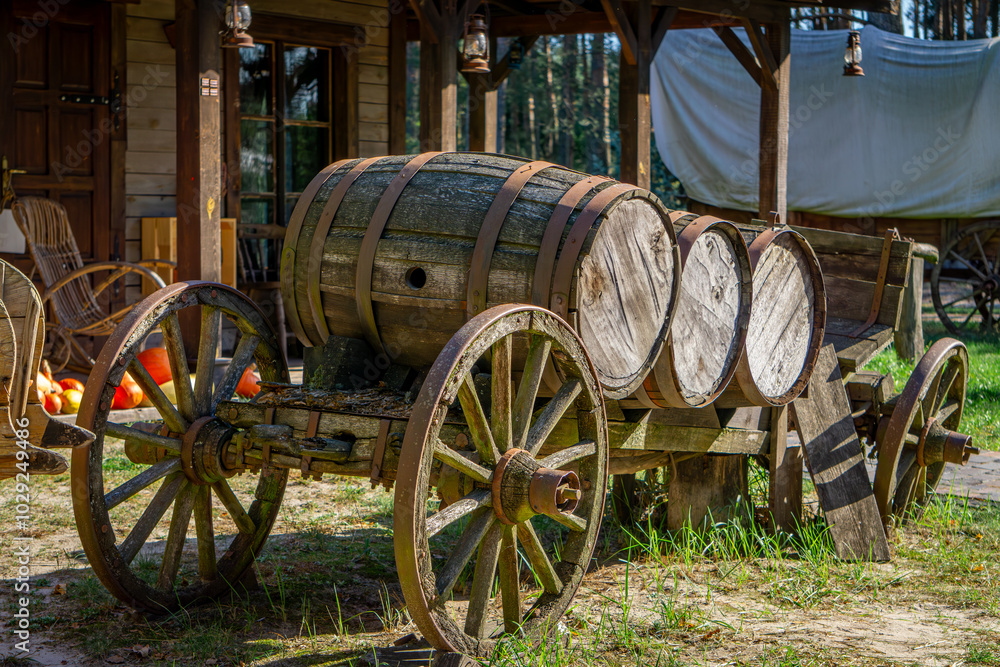 wooden cart with whiskey barrels. old horse cart on a pumpkin farm. western town, wild west. wooden cart with whiskey barrels. old horse cart on a pumpkin farm. western town, wild west.