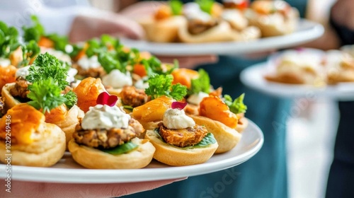 Elegant canapés with vibrant garnishes served on white platters at a sophisticated event, AI