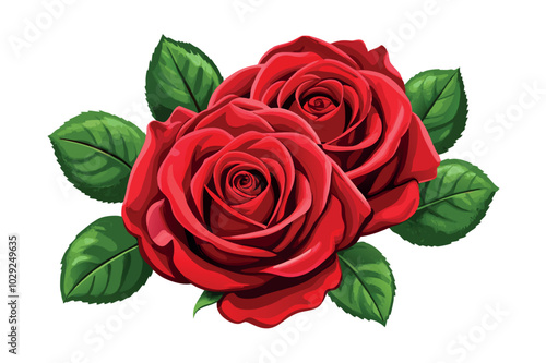 Two red roses blooming together with green leaves