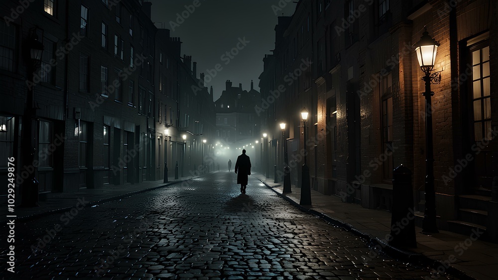 Mysterious Figure in the Mist: Ominous Shadow on Desolate Cobblestone Street Mysterious Figure in the Mist: Ominous Shadow on Desolate Cobblestone Street
