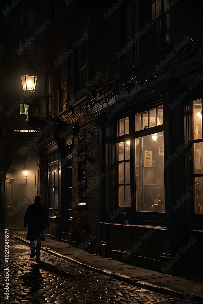 Fototapeta premium Mysterious Figure in the Mist: Ominous Shadow on Desolate Cobblestone Street